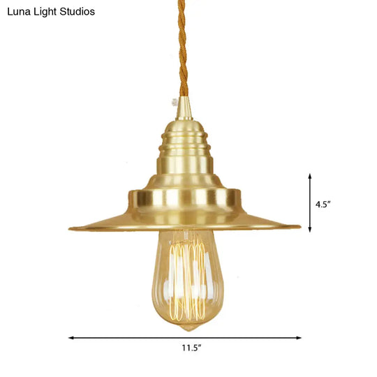 Retro Style Metal Brass Finish Pendant Light With Flat Shade - 1-Light Ceiling Fixture For Table