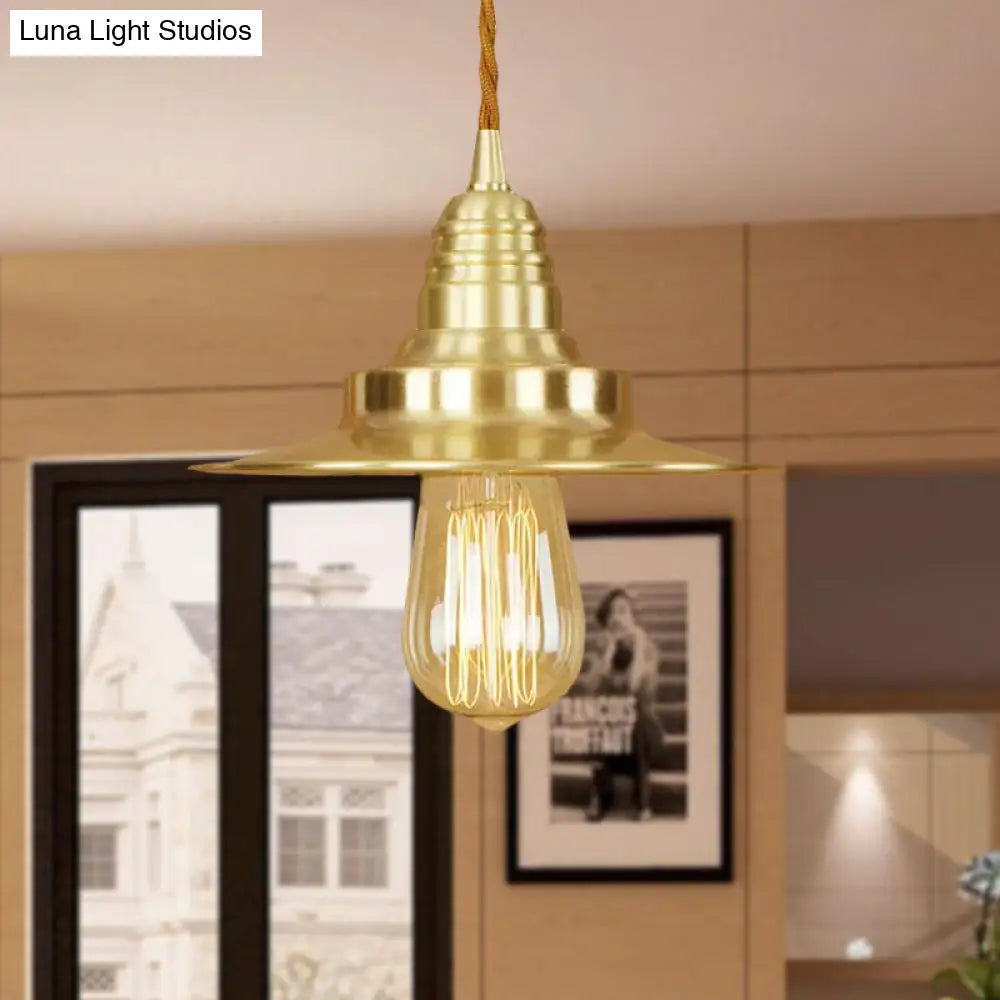 Retro Style Metal Brass Finish Pendant Light With Flat Shade - 1-Light Ceiling Fixture For Table