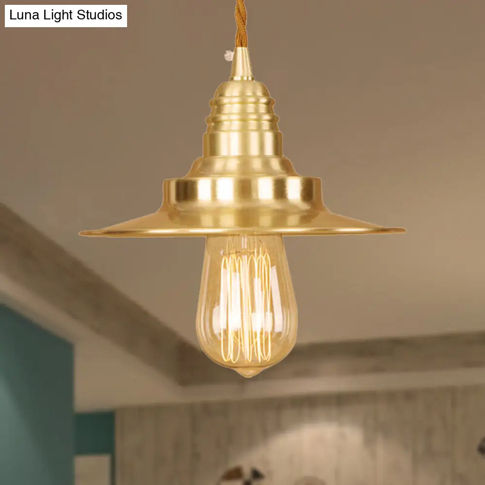 Retro Style Metal Brass Finish Pendant Light With Flat Shade - 1-Light Ceiling Fixture For Table / 8