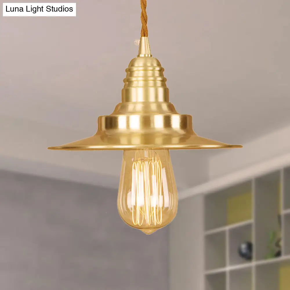 Retro Style Metal Brass Finish Pendant Light With Flat Shade - 1-Light Ceiling Fixture For Table