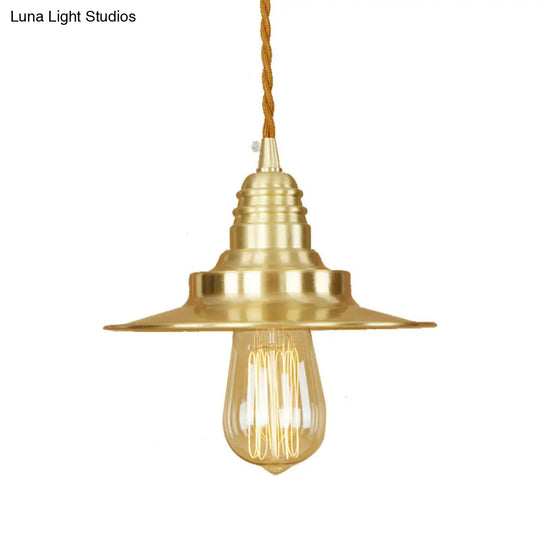 Retro Style Metal Brass Finish Pendant Light With Flat Shade - 1-Light Ceiling Fixture For Table