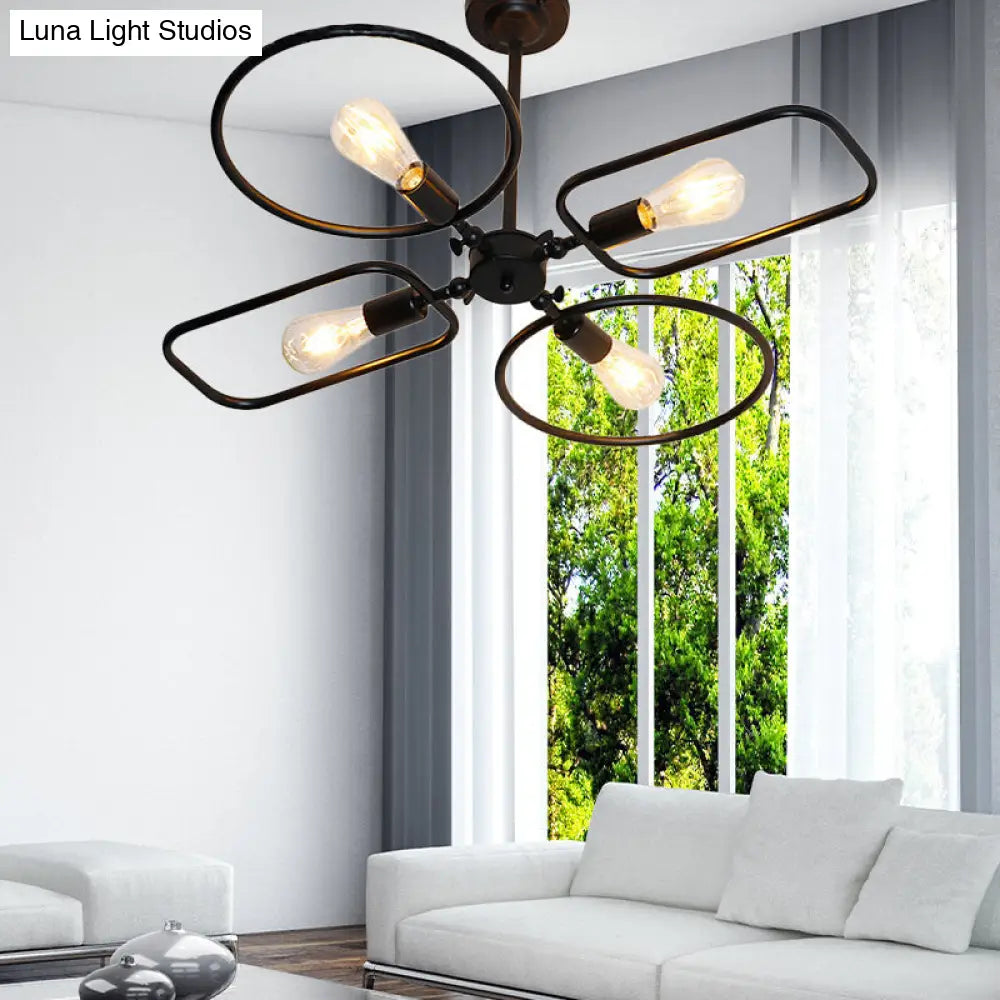 Retro Metal Geometric Chandelier Pendant Light With 4 Lights - Indoor Hanging Fixture In Black