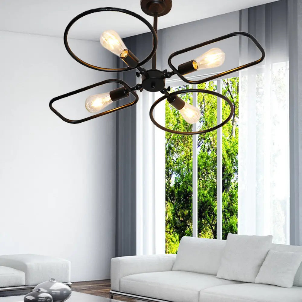 Retro Style Metal Geometric Chandelier Pendant Light - 4-Light Indoor Hanging Fixture In Black