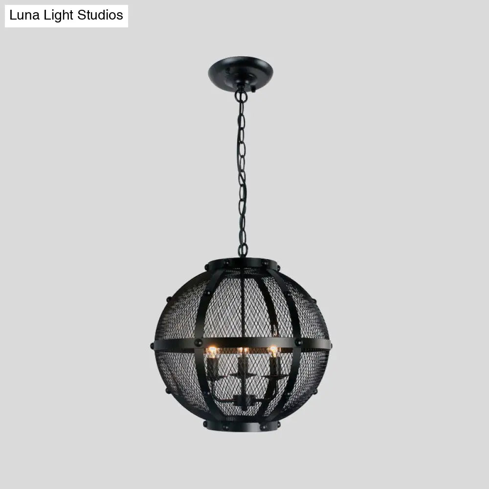 Retro Style Metal Hanging Pendant With Wire Mesh Shade - 3 Lights Farmhouse Ceiling Fixture Black