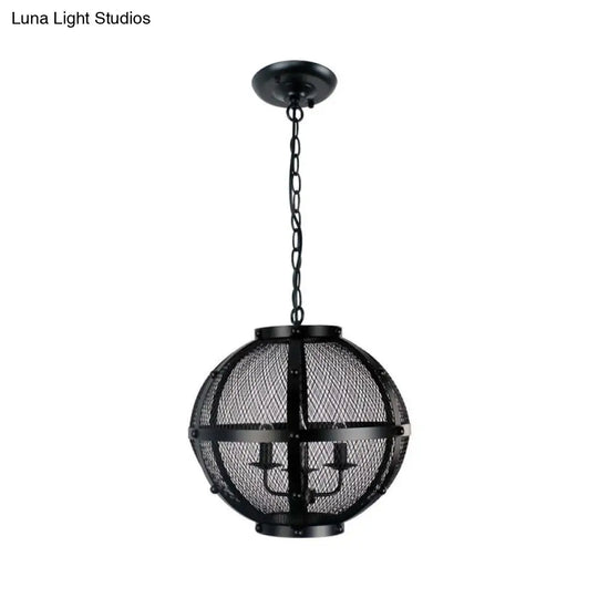 Retro Style Metal Hanging Pendant With Wire Mesh Shade - 3 Lights Farmhouse Ceiling Fixture Black