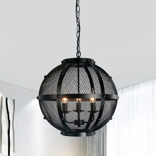 Retro Style Metal Hanging Pendant With Wire Mesh Shade - 3-Light Farmhouse Ceiling Fixture In Black