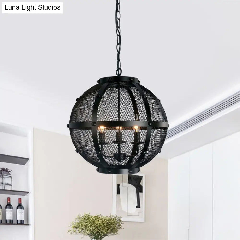 Retro Style Metal Hanging Pendant With Wire Mesh Shade - 3-Light Farmhouse Ceiling Fixture In Black