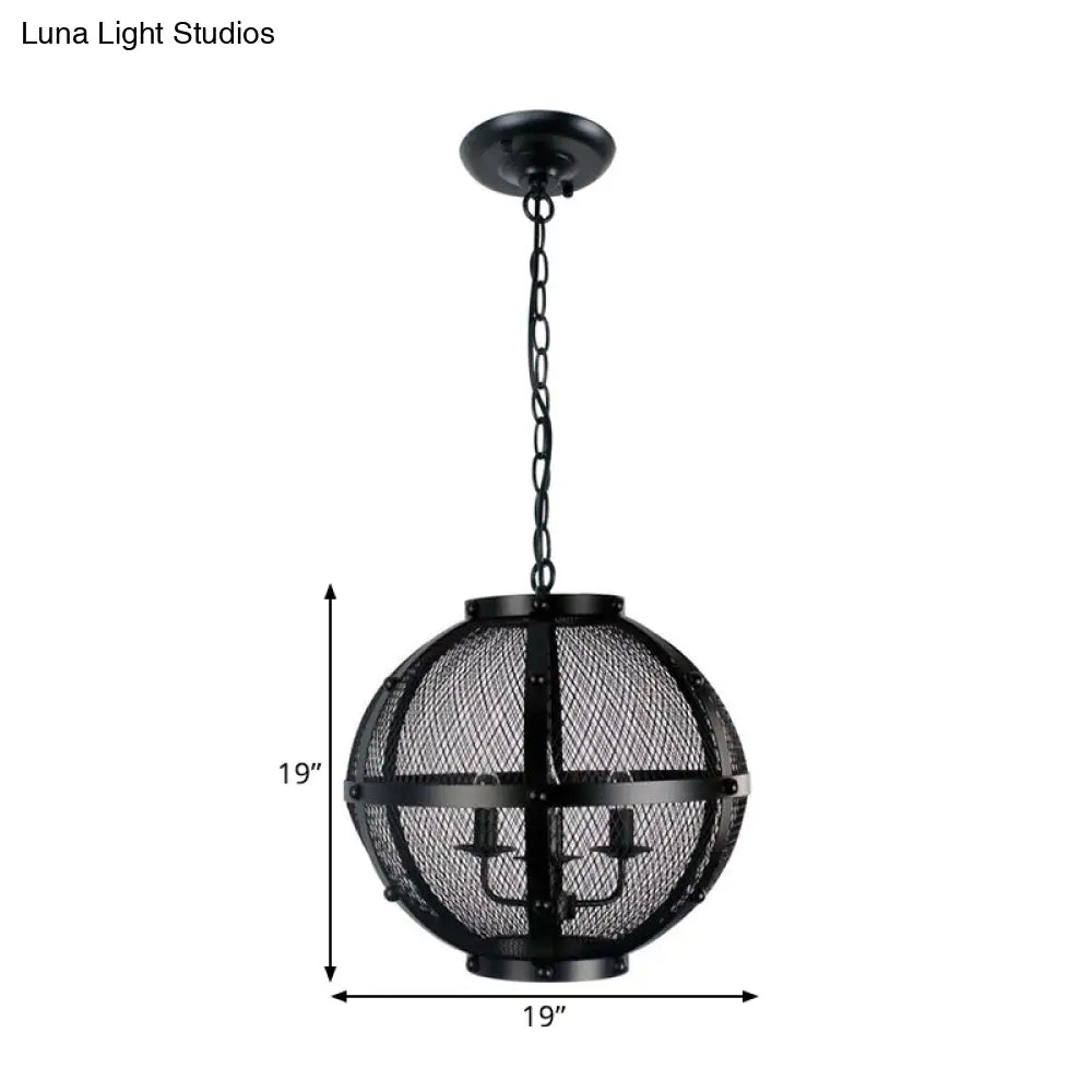 Retro Style Metal Hanging Pendant With Wire Mesh Shade - 3-Light Farmhouse Ceiling Fixture In Black