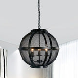Retro Style Metal Hanging Pendant With Wire Mesh Shade - 3-Light Farmhouse Ceiling Fixture In Black