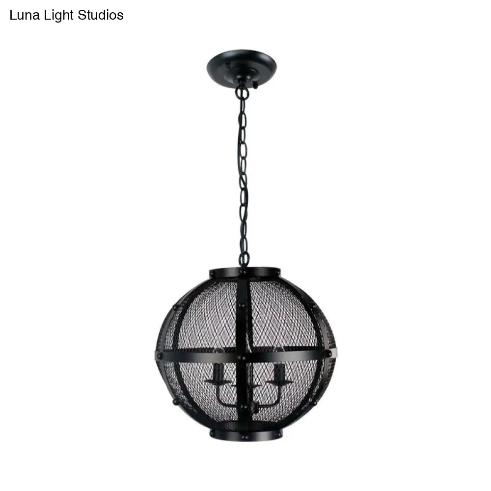 Retro Style Metal Hanging Pendant With Wire Mesh Shade - 3-Light Farmhouse Ceiling Fixture In Black