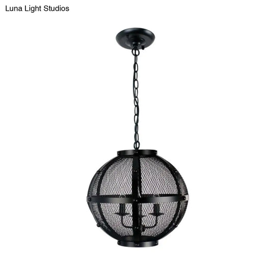 Retro Style Metal Hanging Pendant With Wire Mesh Shade - 3-Light Farmhouse Ceiling Fixture In Black