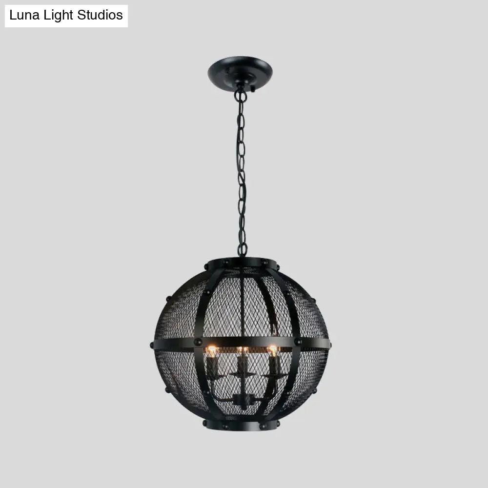 Retro Style Metal Hanging Pendant With Wire Mesh Shade - 3-Light Farmhouse Ceiling Fixture In Black