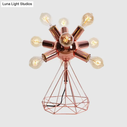 Retro-Style Metal Table Lamp With Diamond Base - 6/9-Head Bare Bulb Copper Finish Bedroom Lighting