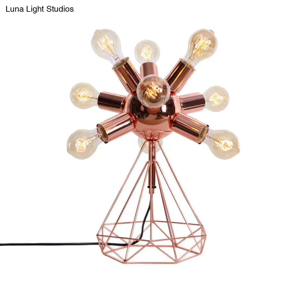 Retro-Style Metal Table Lamp With Diamond Base - 6/9-Head Bare Bulb Copper Finish Bedroom Lighting