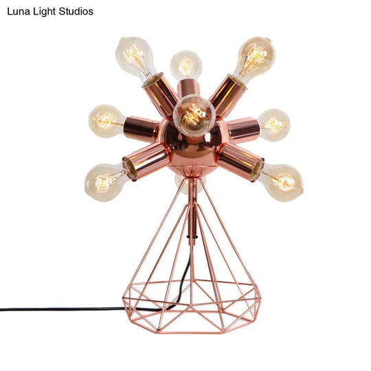 Retro-Style Metal Table Lamp With Diamond Base - 6/9-Head Bare Bulb Copper Finish Bedroom Lighting