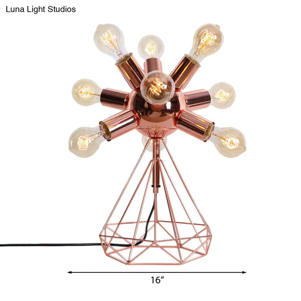 Retro-Style Metal Table Lamp With Diamond Base - 6/9-Head Bare Bulb Copper Finish Bedroom Lighting