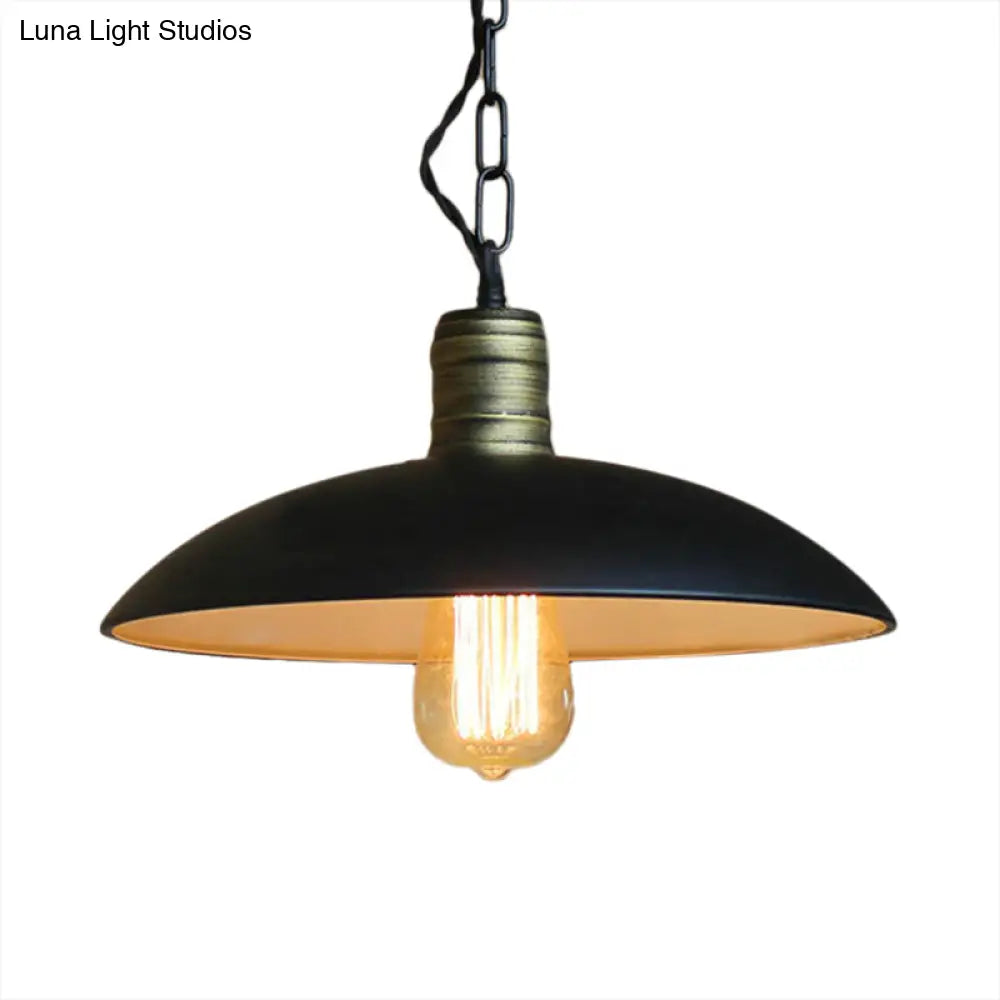 Metallic Black Ceiling Light Bowl Shade - Retro Style With Hanging Chain