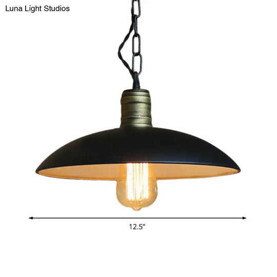 Metallic Black Ceiling Light Bowl Shade - Retro Style With Hanging Chain