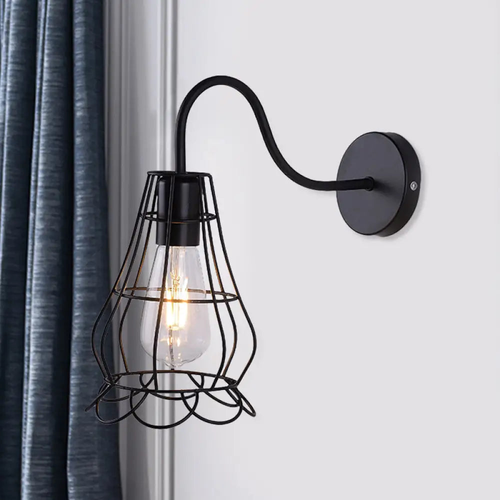 Retro Style Metallic Black Sconce Light With Wire Cage Shade - Bedside Wall Mount