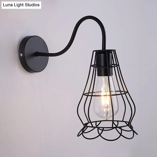 Retro Style Metallic Black Sconce Light With Wire Cage Shade - Bedside Wall Mount