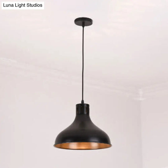 Retro Style Metallic Bowl Shade Hanging Lamp - 1 Light Pendant For Bedroom In Black