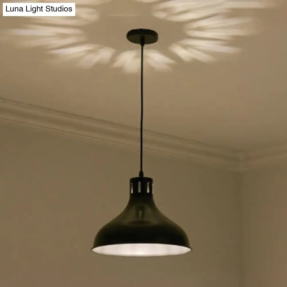 Retro Style Metallic Bowl Shade Hanging Lamp - 1 Light Pendant For Bedroom In Black