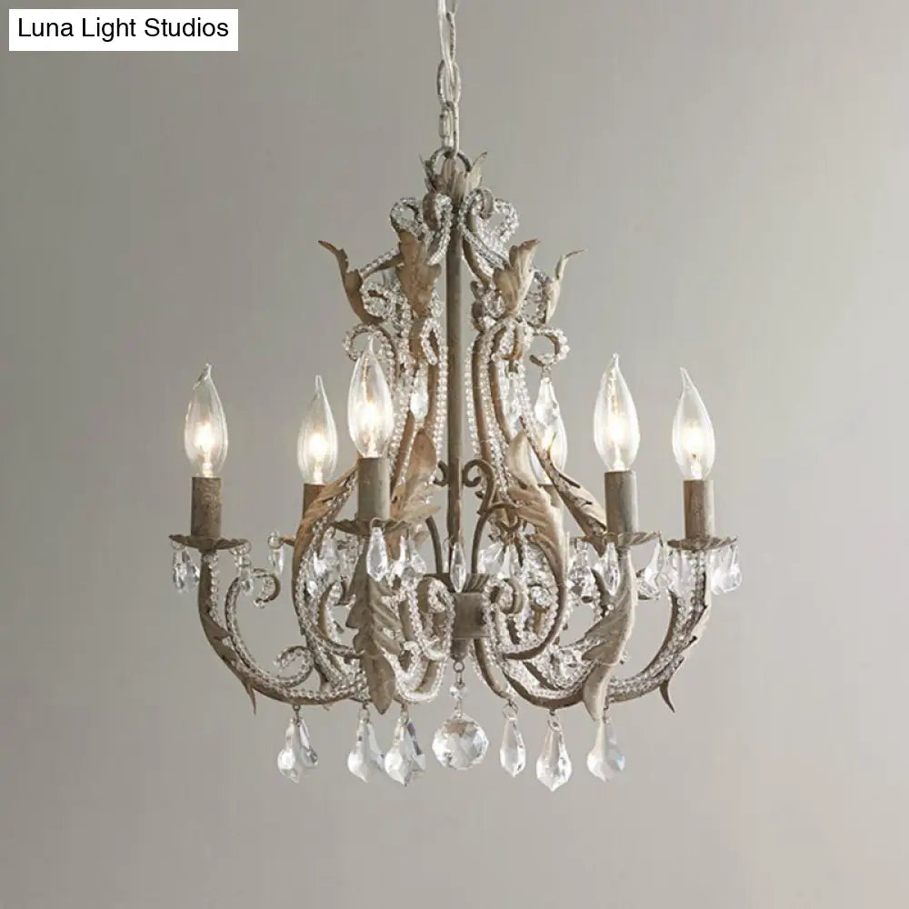 Retro Style Metallic Chandelier With Crystal Beaded Arms - 6 Bulb Suspension Light