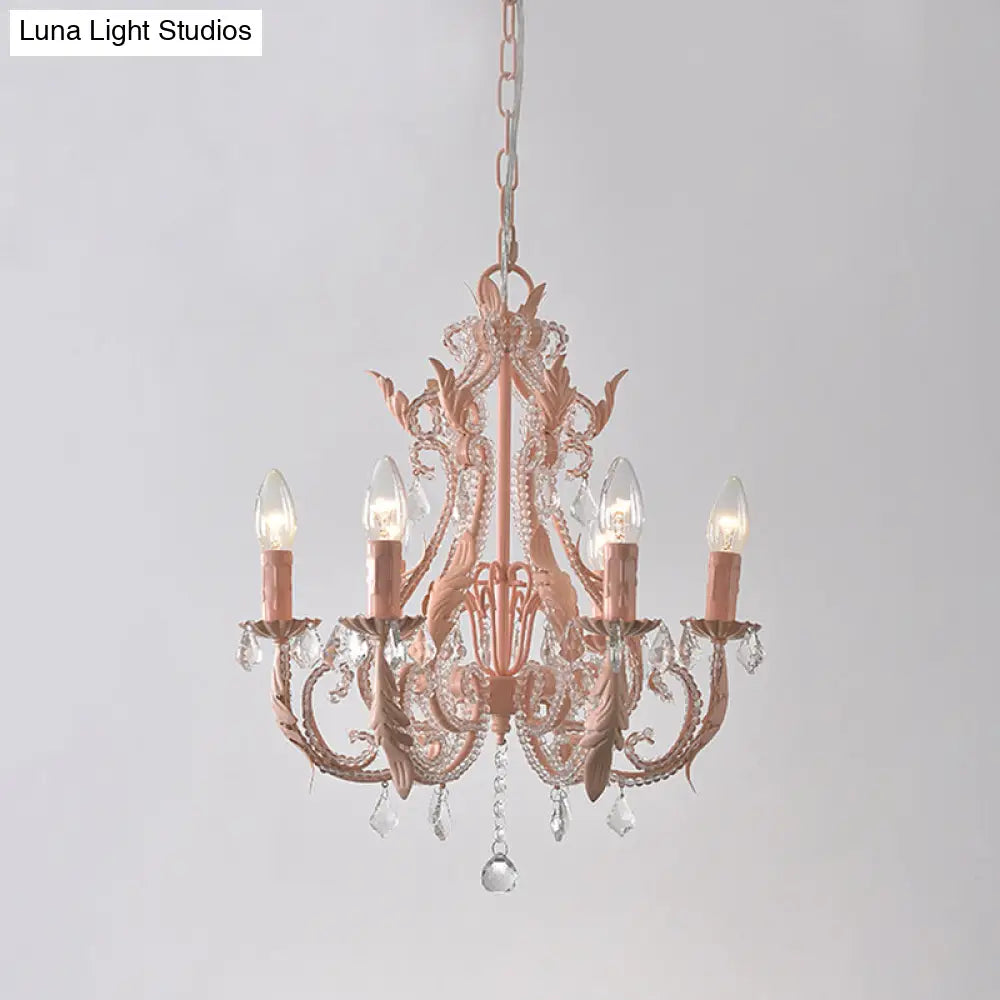 Retro Style Metallic Chandelier With Crystal Beaded Arms - 6 Bulb Suspension Light