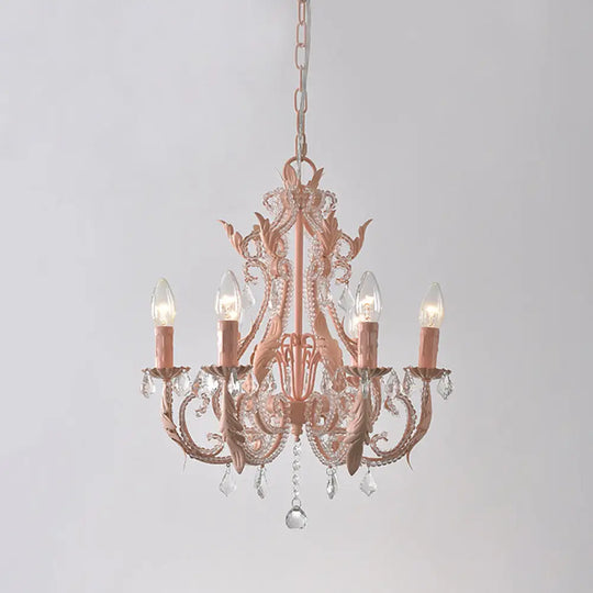 Retro Style Metallic Chandelier With Crystal Beaded Arms - 6 Bulb Suspension Light Pink