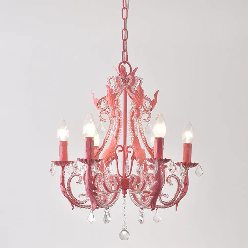 Retro Style Metallic Chandelier With Crystal Beaded Arms - 6 Bulb Suspension Light Rose Red