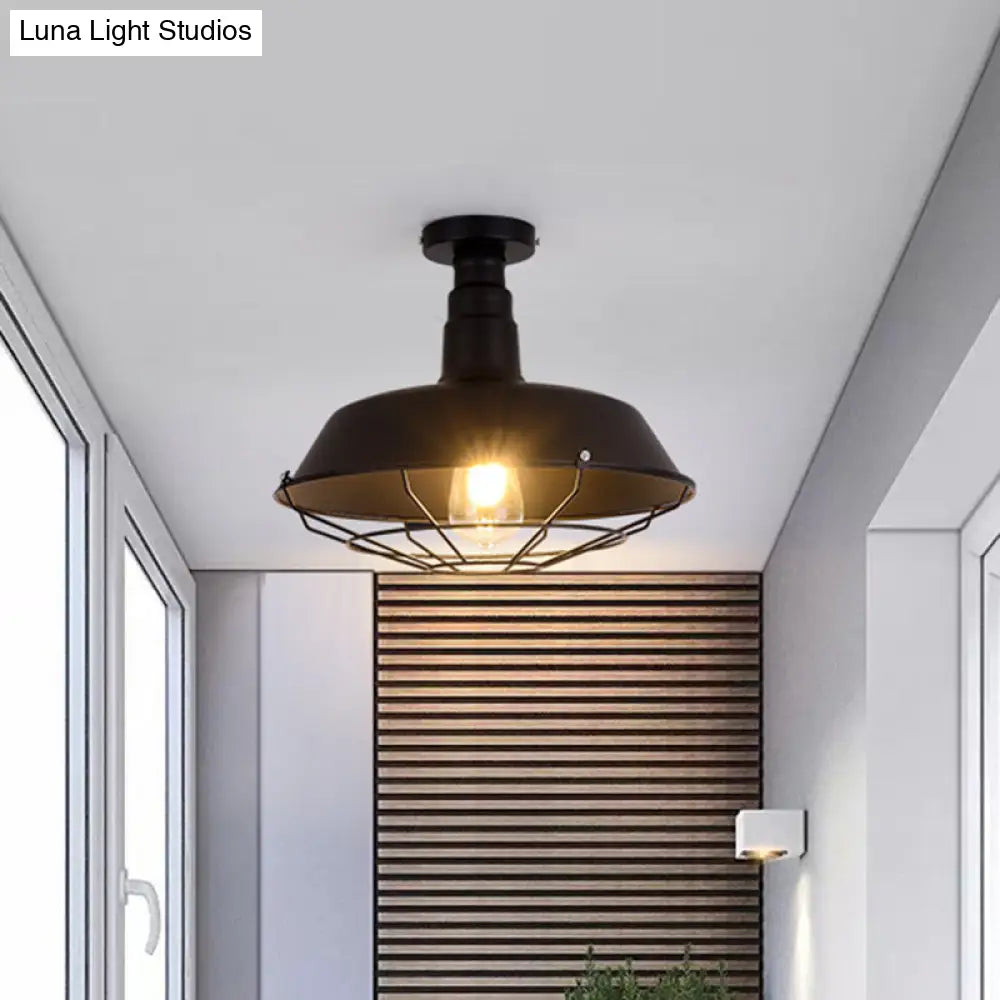 Retro Style Metallic Shaded Flush Mount Ceiling Light - Single Bulb Semi In Black