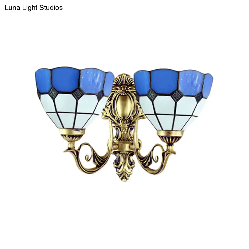 Retro-Style Multicolored Stained Glass Wall Lamp With Scalloped Shade - 2 Headed Fixture For Dining