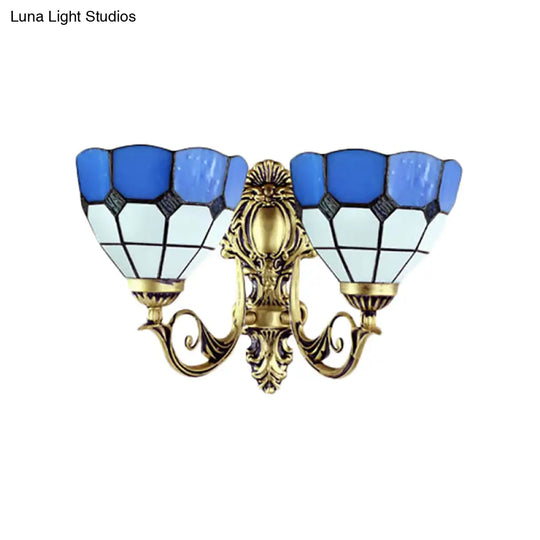 Retro-Style Multicolored Stained Glass Wall Lamp With Scalloped Shade - 2 Headed Fixture For Dining