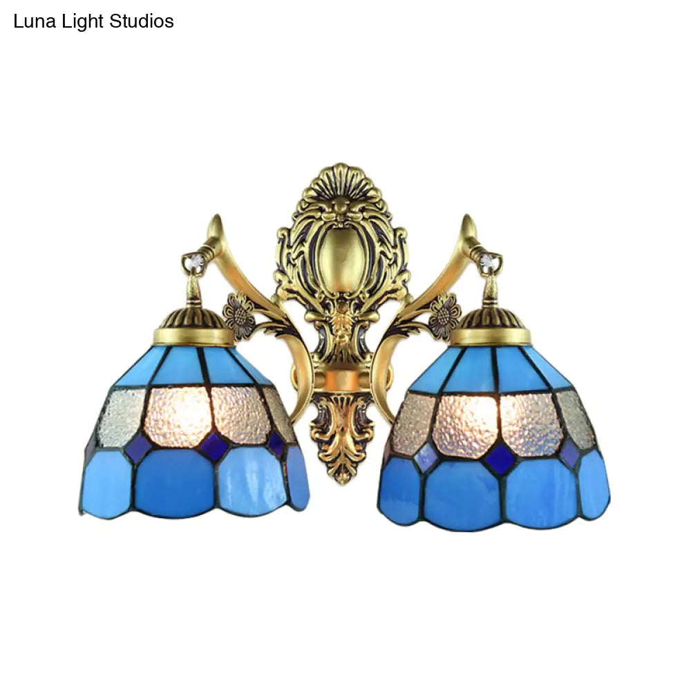 Retro-Style Multicolored Stained Glass Wall Lamp With Scalloped Shade - 2 Headed Fixture For Dining