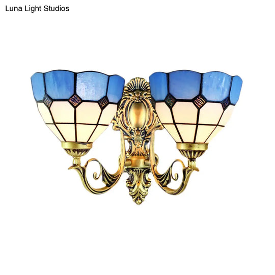 Retro-Style Multicolored Stained Glass Wall Lamp With Scalloped Shade - 2 Headed Fixture For Dining