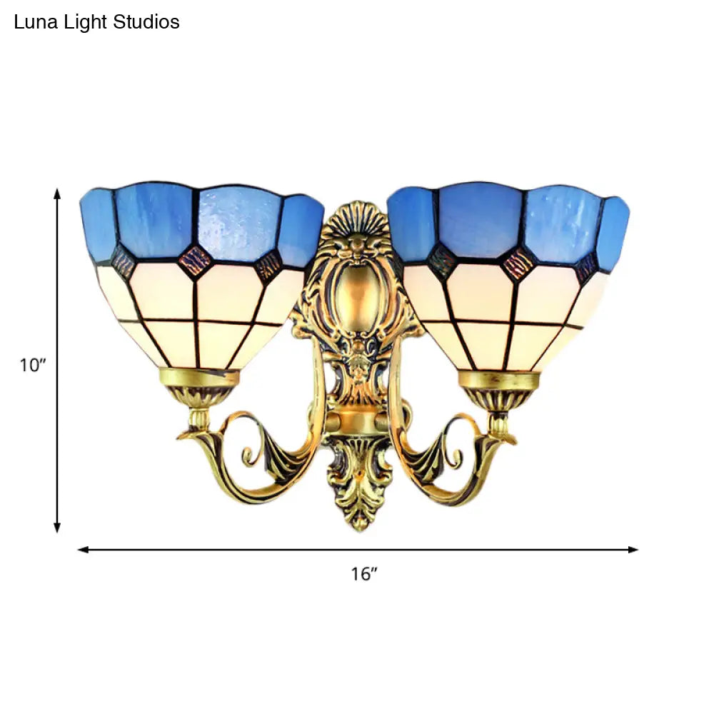 Retro-Style Multicolored Stained Glass Wall Lamp With Scalloped Shade - 2 Headed Fixture For Dining