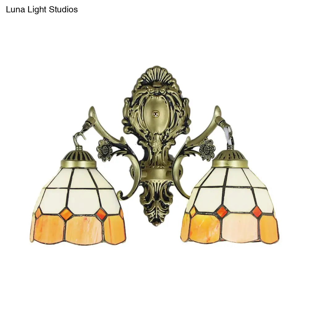 Retro-Style Multicolored Stained Glass Wall Lamp With Scalloped Shade - 2 Headed Fixture For Dining