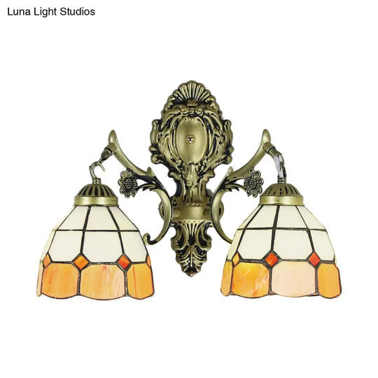 Retro-Style Multicolored Stained Glass Wall Lamp With Scalloped Shade - 2 Headed Fixture For Dining