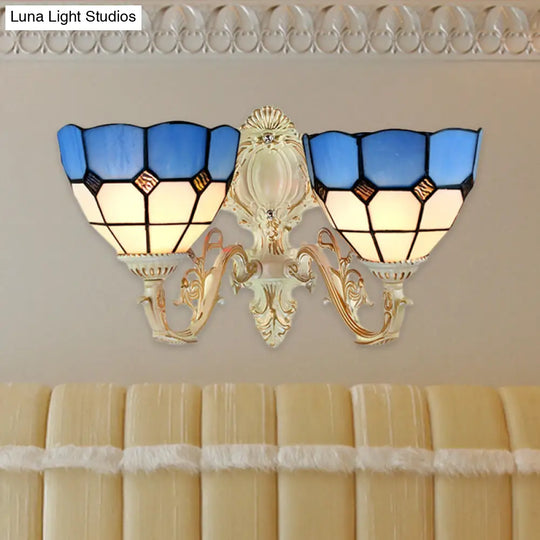 Retro-Style Multicolored Stained Glass Wall Lamp With Scalloped Shade - 2 Headed Fixture For Dining