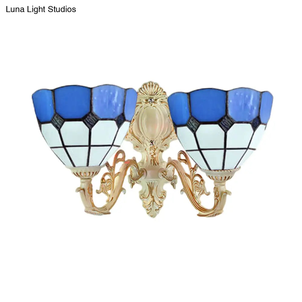 Retro-Style Multicolored Stained Glass Wall Lamp With Scalloped Shade - 2 Headed Fixture For Dining