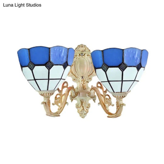 Retro-Style Multicolored Stained Glass Wall Lamp With Scalloped Shade - 2 Headed Fixture For Dining