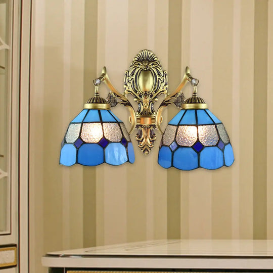 Retro-Style Multicolored Stained Glass Wall Lamp With Scalloped Shade - 2 Headed Fixture For Dining