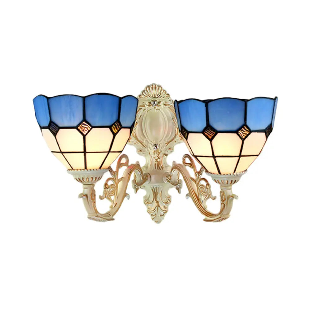 Retro-Style Multicolored Stained Glass Wall Lamp With Scalloped Shade - 2 Headed Fixture For Dining