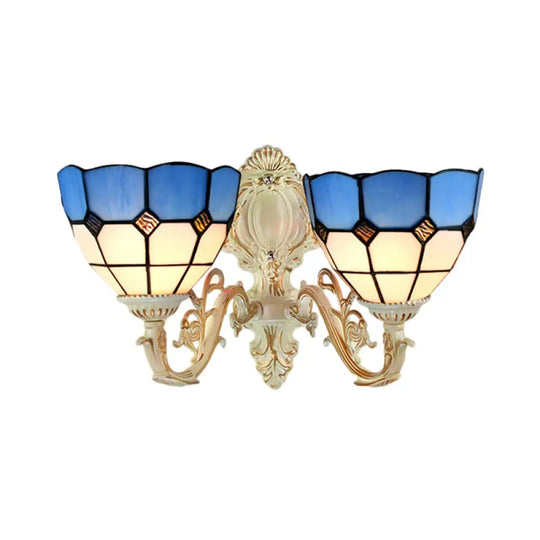 Retro-Style Multicolored Stained Glass Wall Lamp With Scalloped Shade - 2 Headed Fixture For Dining