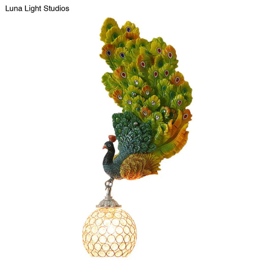 Retro Style Peacock Wall Sconce Light With Clear K9 Crystal Shade In White/Blue/Green - Left/Right