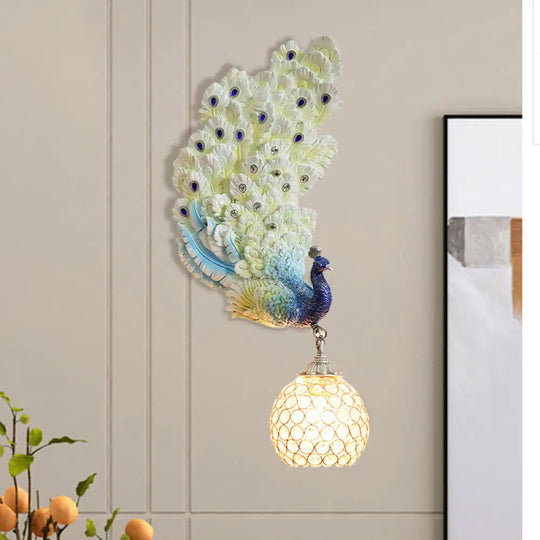 Retro Style Peacock Wall Sconce Light With Clear K9 Crystal Shade In White/Blue/Green - Left/Right