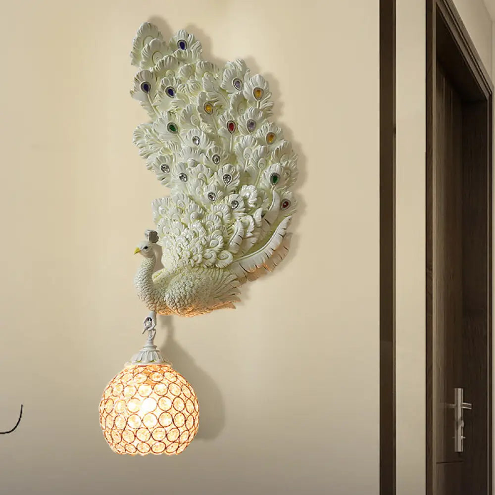 Retro Style Peacock Wall Sconce Light With Clear K9 Crystal Shade In White/Blue/Green - Left/Right