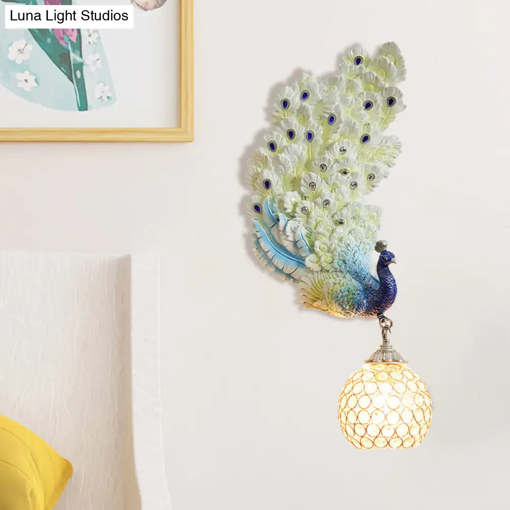 Retro Style Peacock Wall Sconce Light With Clear K9 Crystal Shade In White/Blue/Green - Left/Right