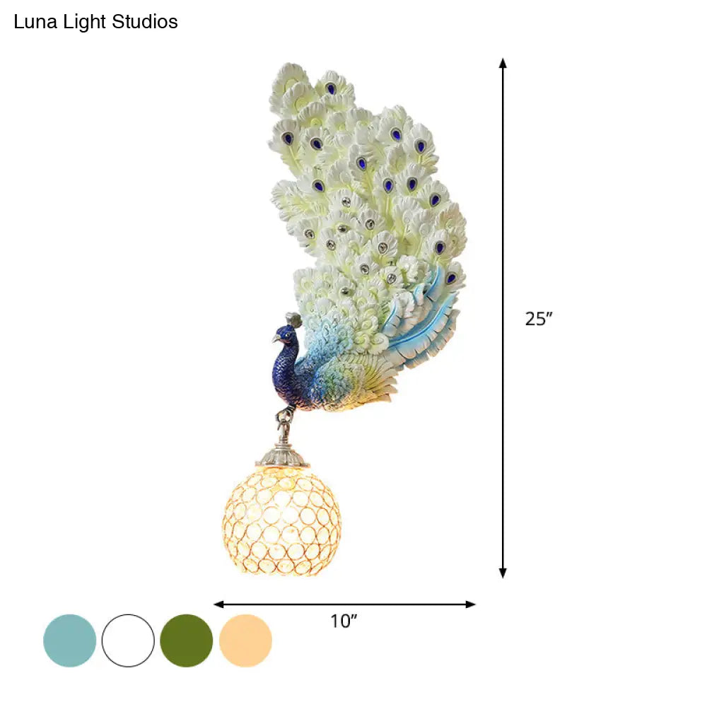 Retro Style Peacock Wall Sconce Light With Clear K9 Crystal Shade In White/Blue/Green - Left/Right