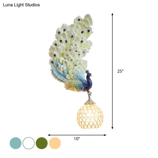 Retro Style Peacock Wall Sconce Light With Clear K9 Crystal Shade In White/Blue/Green - Left/Right